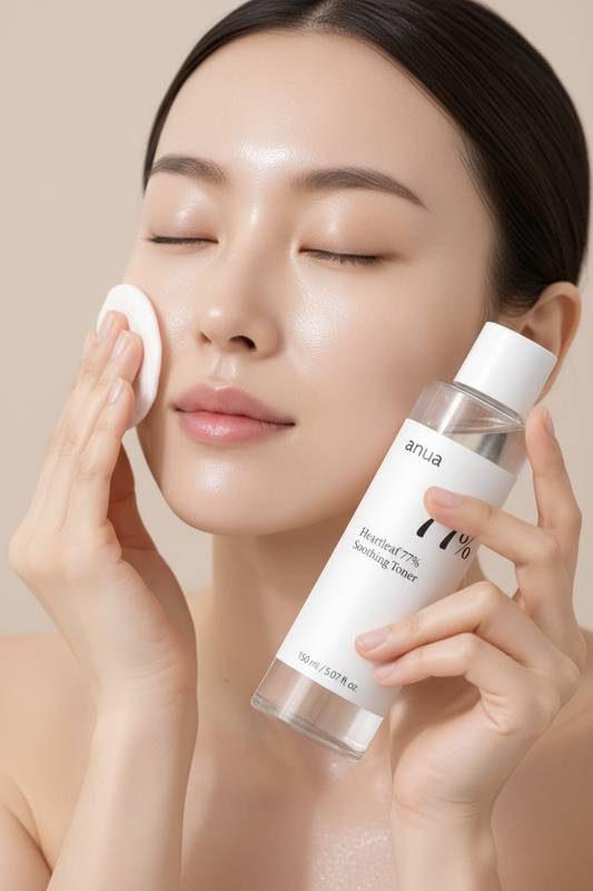 Anwendung des Anua Heartleaf 77% Soothing Toners im Gesicht